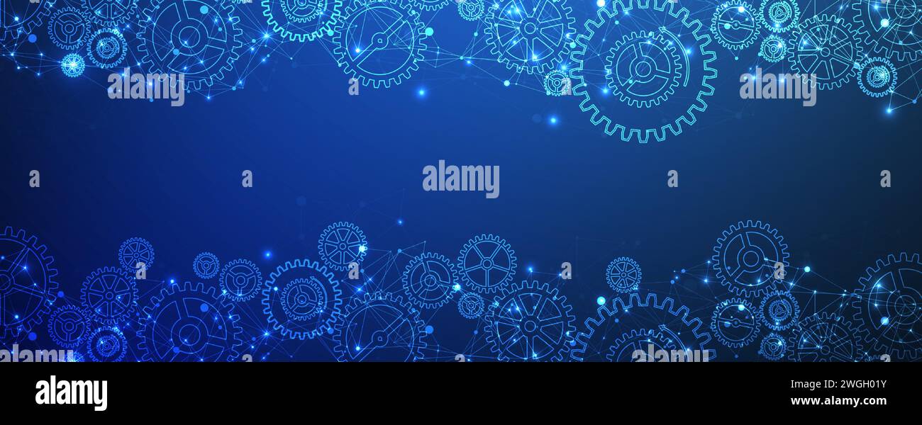 Abstract blue technological background  with cogwheels and plexus effect. Vector Stock Vector