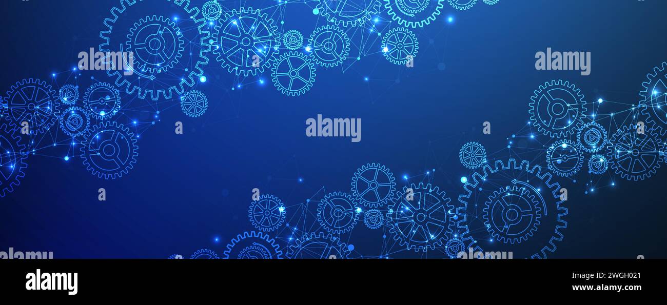 Abstract blue technological background  with cogwheels and plexus effect. Vector Stock Vector