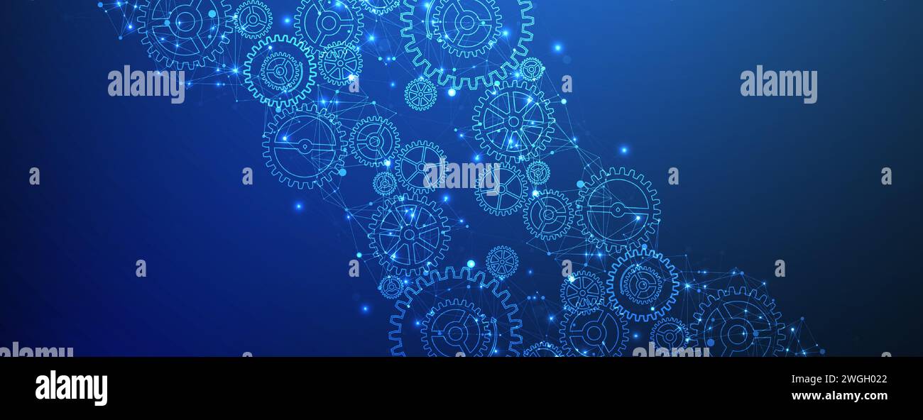 Abstract blue technological background with cogwheels and plexus effect. Vector Stock Vector