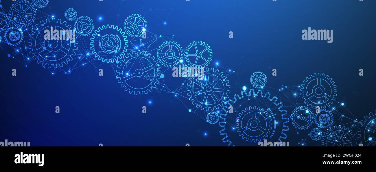 Abstract blue technological background  with cogwheels and plexus effect. Vector Stock Vector