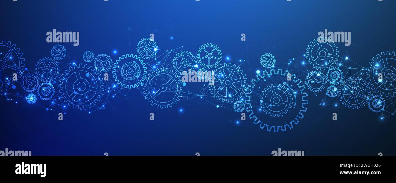 Abstract blue technological background with cogwheels and plexus effect. Vector Stock Vector