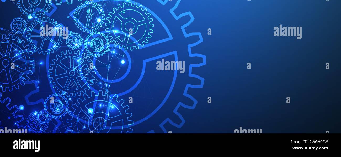 Abstract blue technological background  with cogwheels and plexus effect. Vector Stock Vector