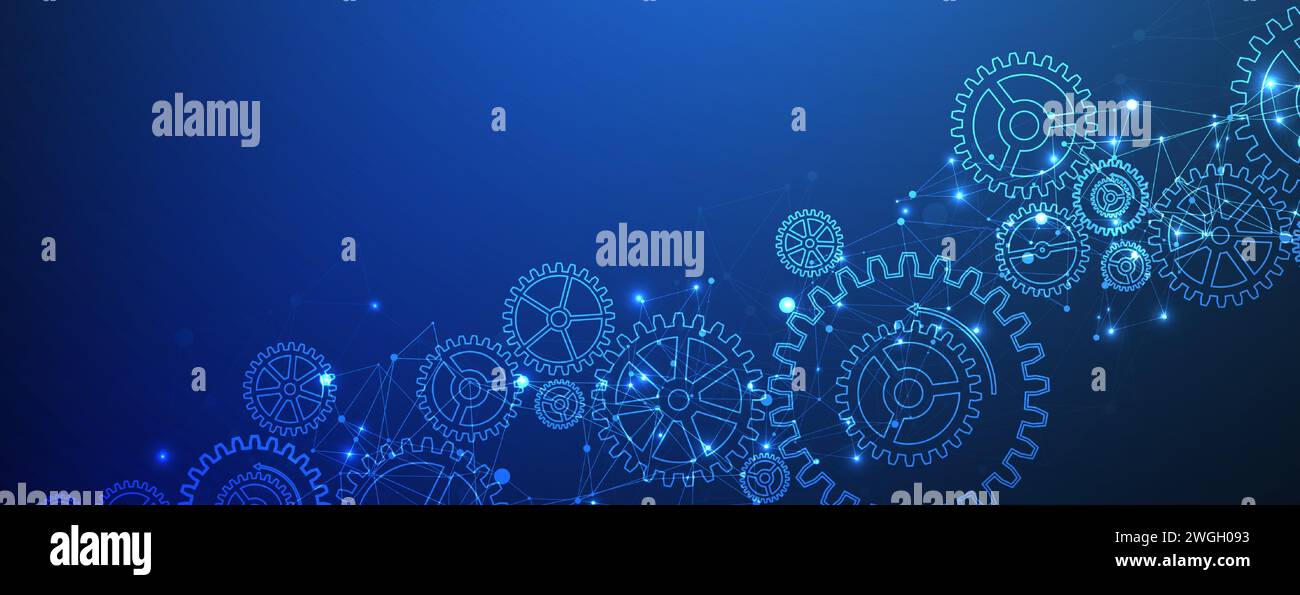 Abstract blue technological background  with cogwheels and plexus effect. Vector Stock Vector