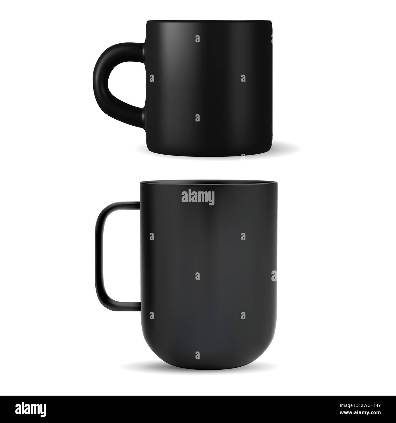 Coffee mug mockup. Black ceramic tea cup template, isolated on white. Set of glass tableware, porcelain dishes. Handle mug mock up for brand merchandi Stock Vector