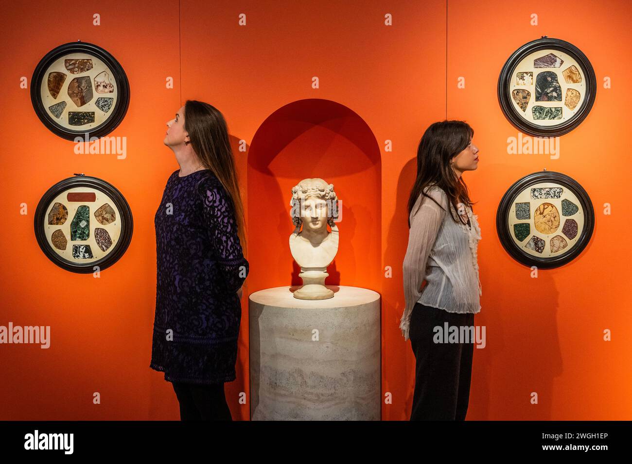 London, UK. 5 Feb 2024. A Roman marble head of Bacchus, 2nd Century AD
