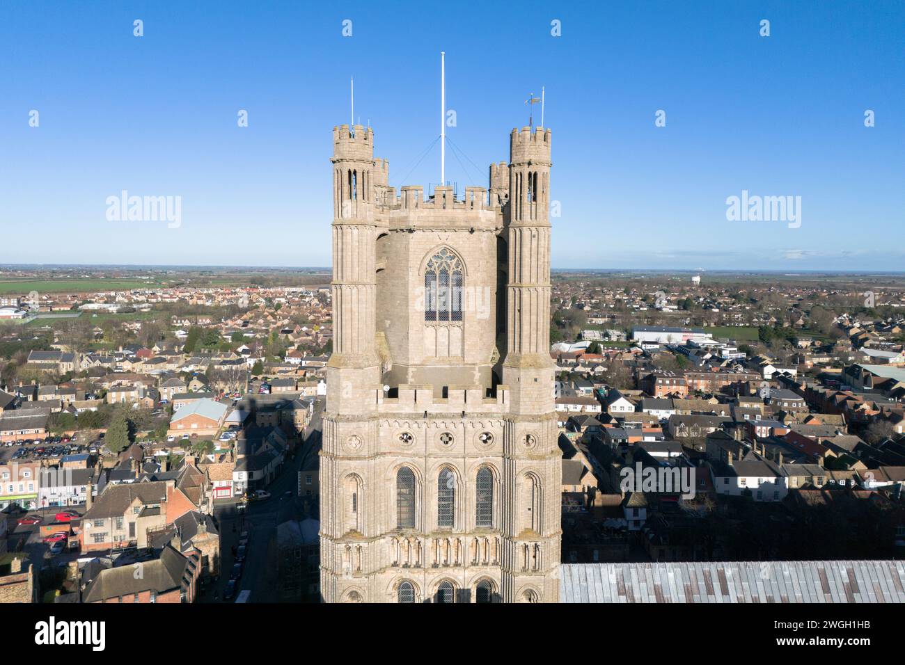 Elevated view of the historic West Tower at Ely Cathedral ...