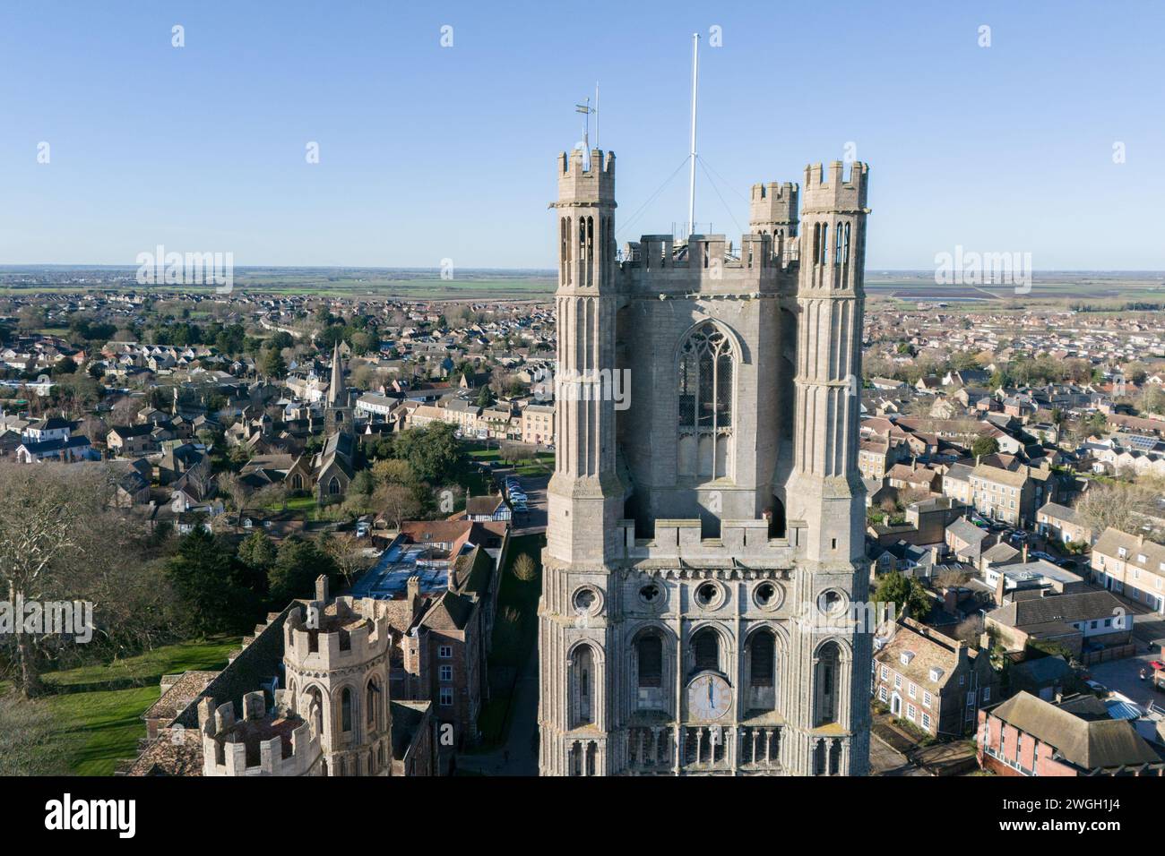 Elevated view of the historic West Tower at Ely Cathedral ...