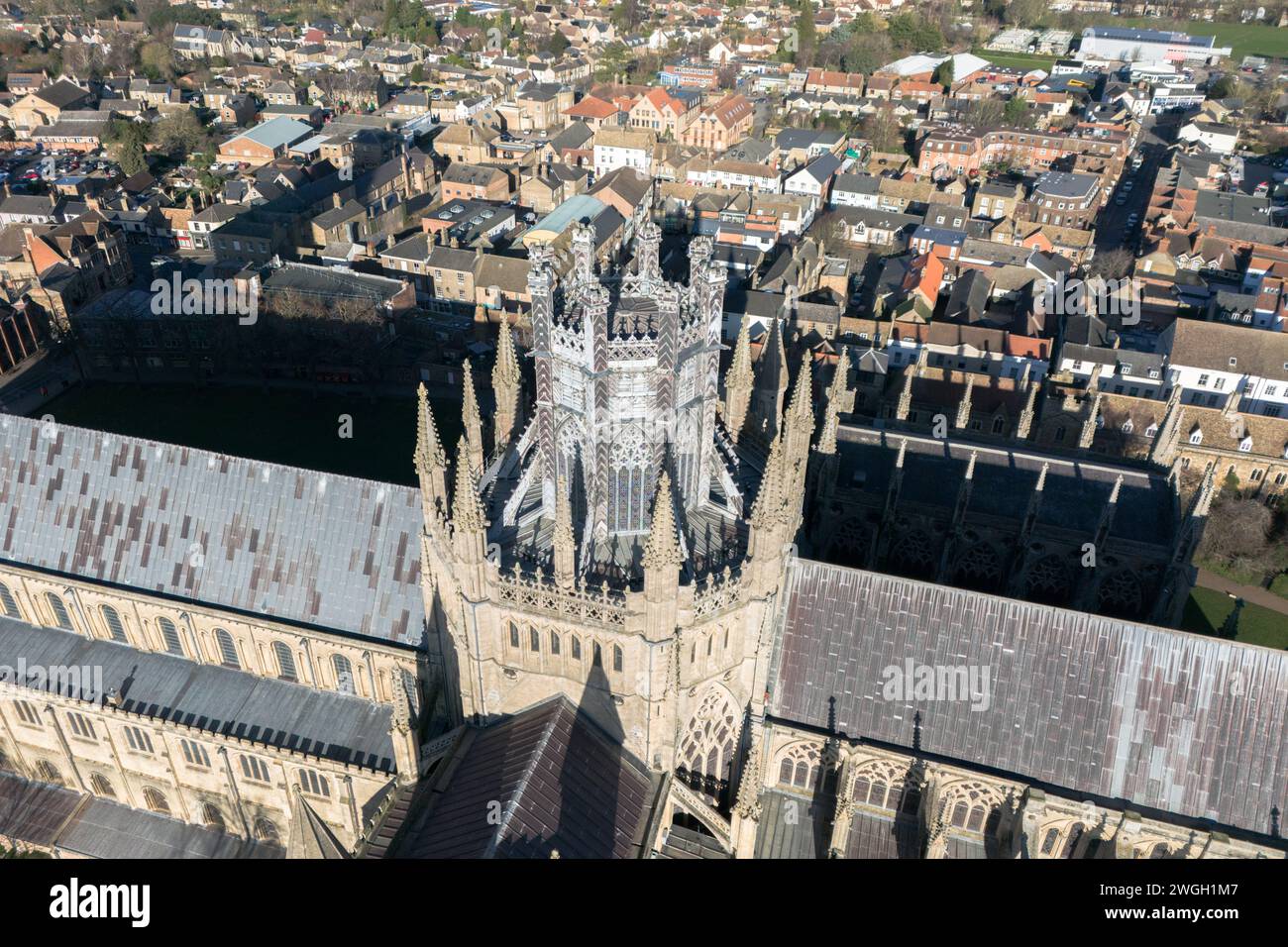 Aerial view of the historic West Tower at Ely Cathedral, Cambridgeshire Stock Photo