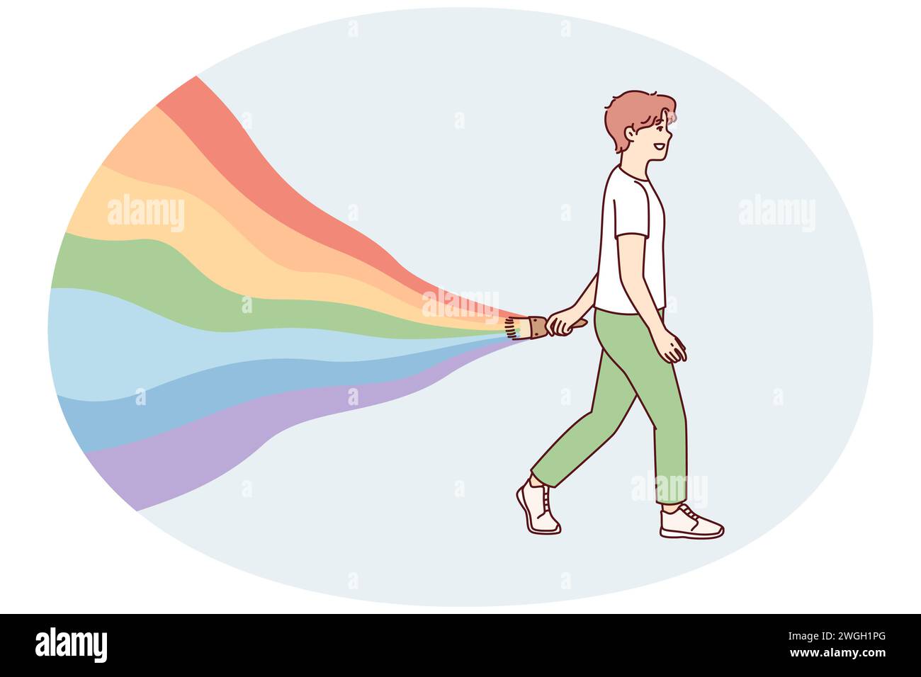 Young guy walks leaving behind rainbow symbolizes carelessness and