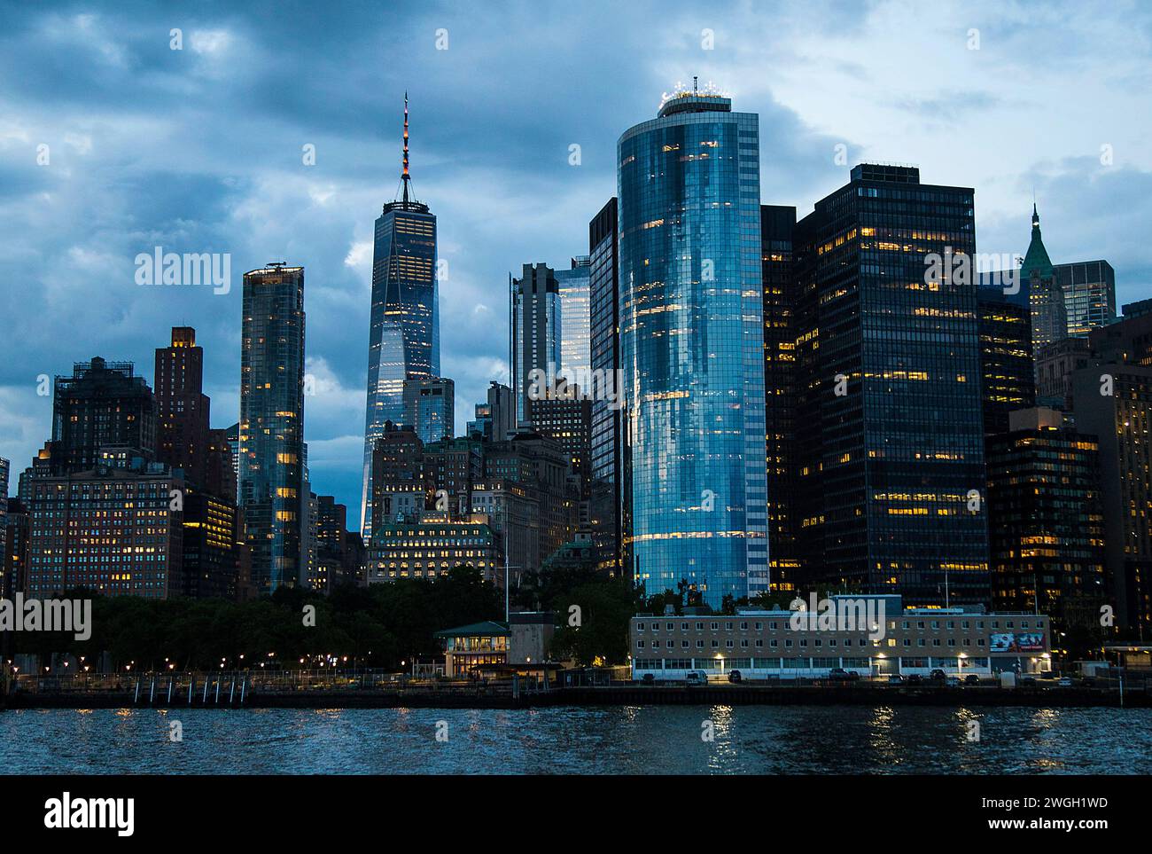 New York City: Panoramic view of the Manhattan skyline from the Staten Island Ferry Stock Photo