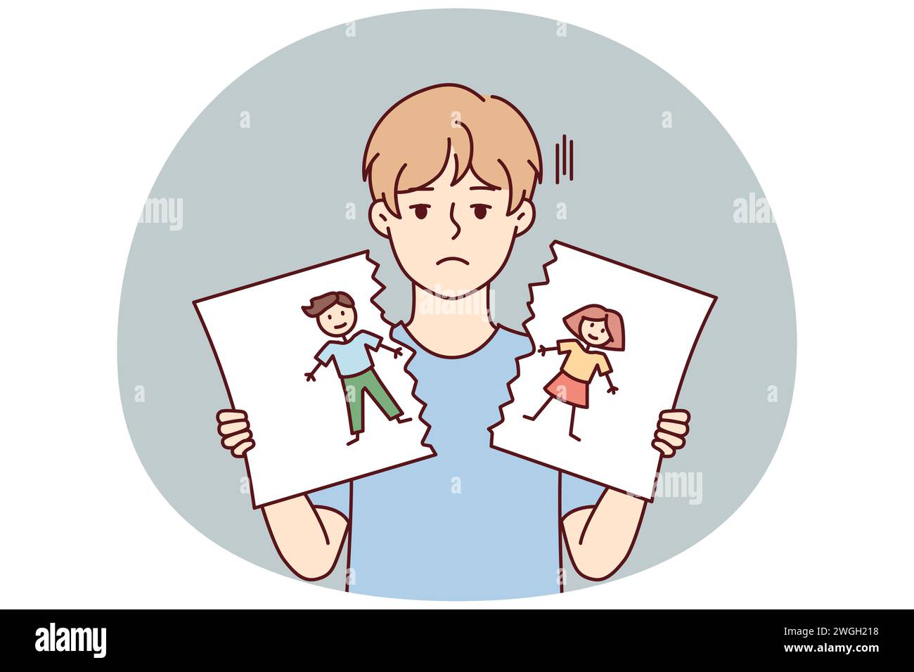 Sad boy with blond hair holds in hands torn pictured with painted kids. Cheerless child of pree teen age after school quarrel or conflict tears up self-drawn portrait. Flat vector design Stock Vector
