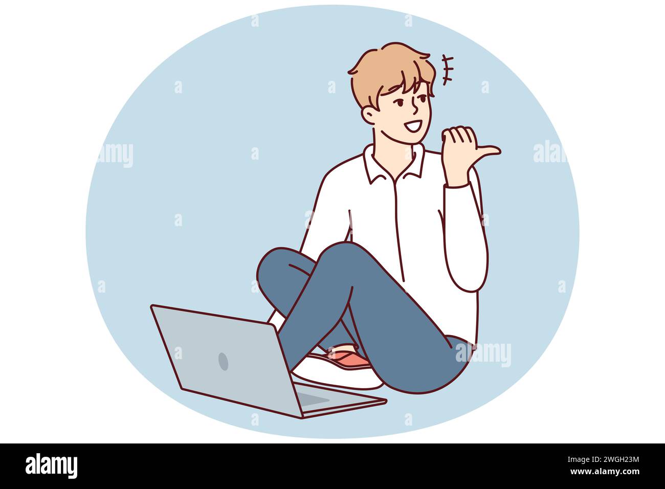 Man sitting on floor with laptop and looking back pointing finger doing college assignment. Casual guy freelancer enjoys remote work for internet companies or start-ups. Flat vector design Stock Vector