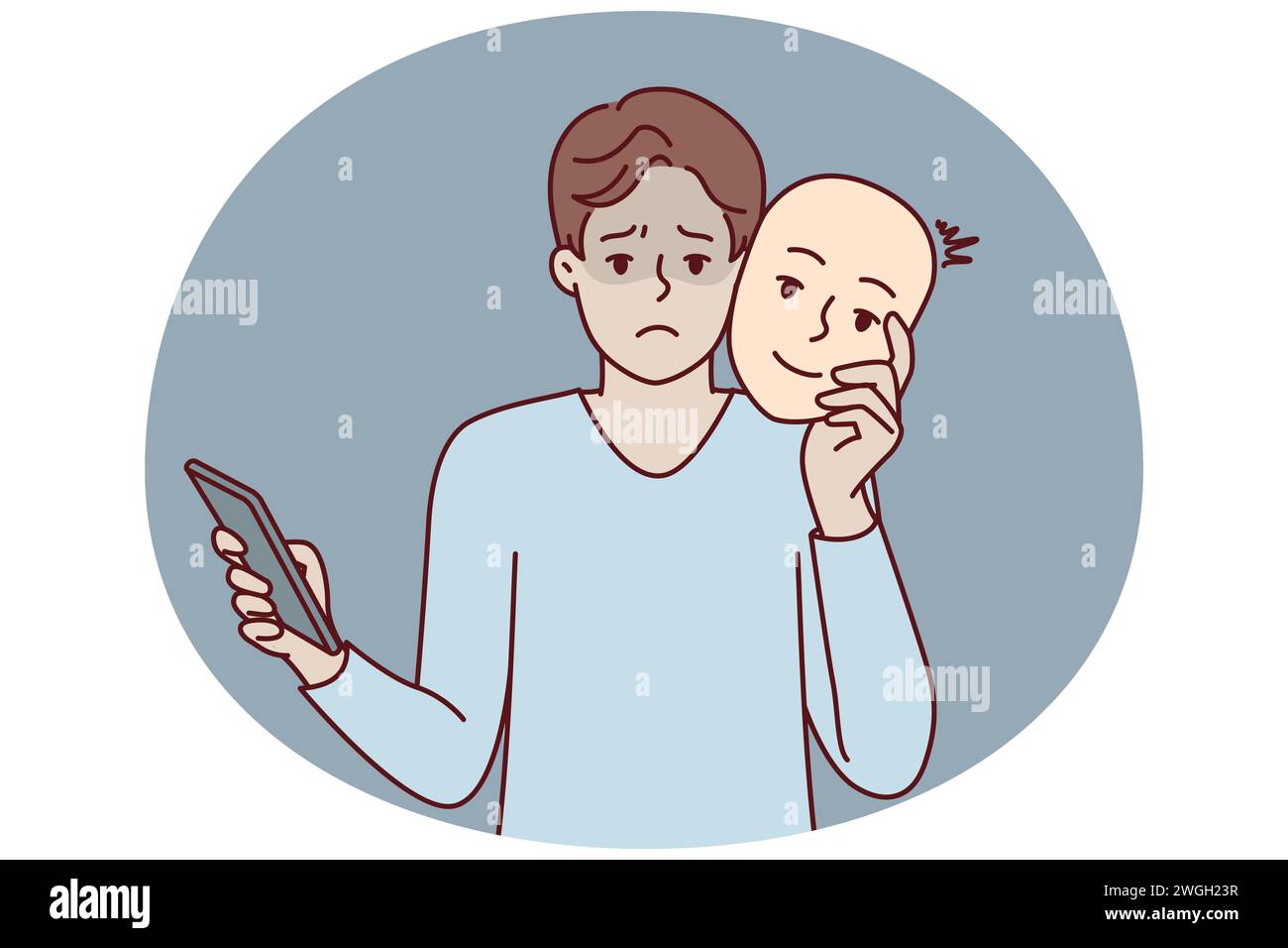 Unhappy man uses mask to pretend to be positive kind human during online dating and social media chat. Guy with phone remove face with smile after impersonating successful person. Flat vector design Stock Vector