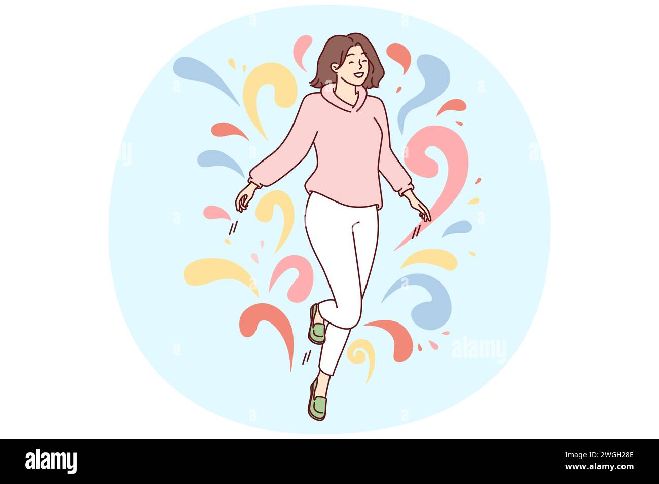 Woman walks in weightlessness and waves arms located among multi-colored drops flying in different directions. Carefree girl feels happy after dating or taking antidepressants. Flat vector design Stock Vector