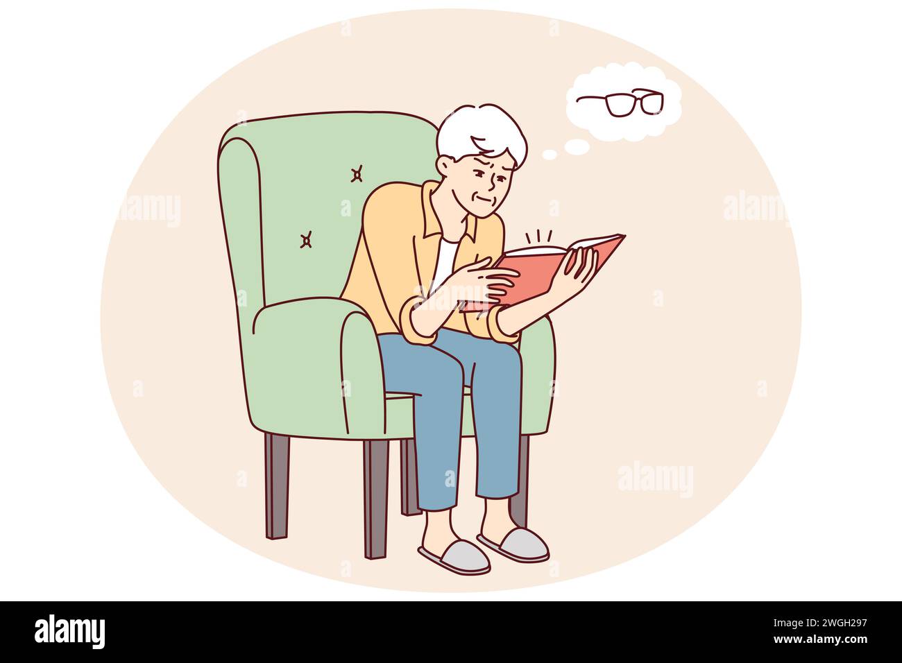 Elderly man reading book thinks about need to buy glasses to improve vision. Gray-haired human sits in chair realizing that he is starting to lose sight while studying literature. Flat vector design Stock Vector