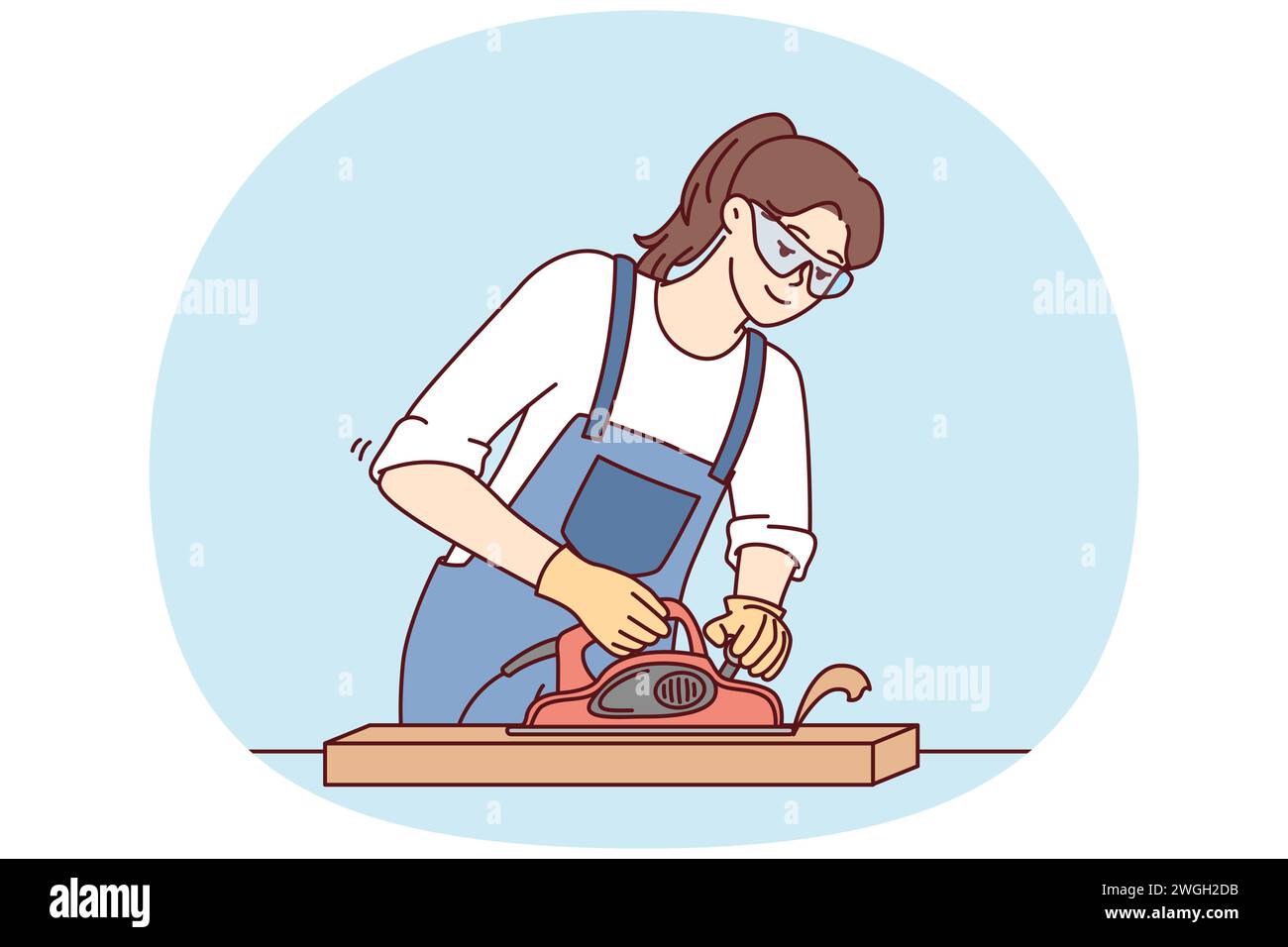 Woman furniture maker uses jointer to process wooden planks needed to