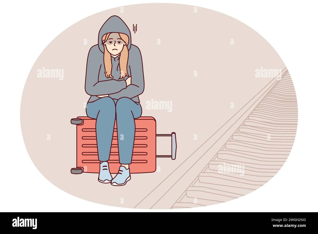 Tired woman sits on suitcase near railway waiting for train and is sad because of lack of money for ticket. Unhappy girl in hood missed train freezes at station alone. Flat vector illustration Stock Vector