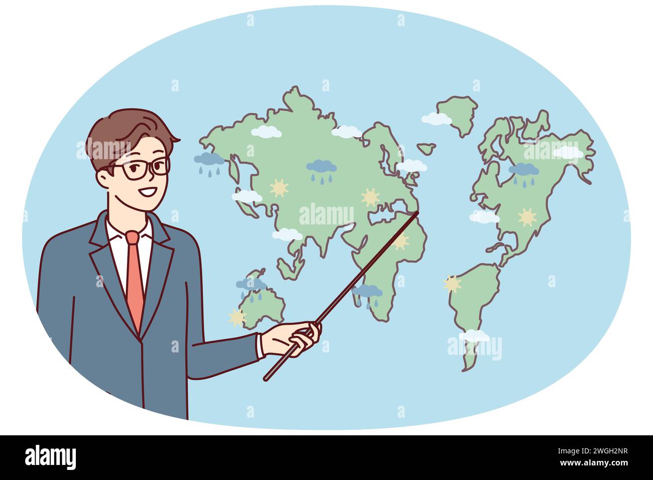 Man weather forecaster showing precipitation prediction map in different parts world. Guy in business clothes with pointer stands near continents for TV show about climate change. Flat vector design Stock Vector