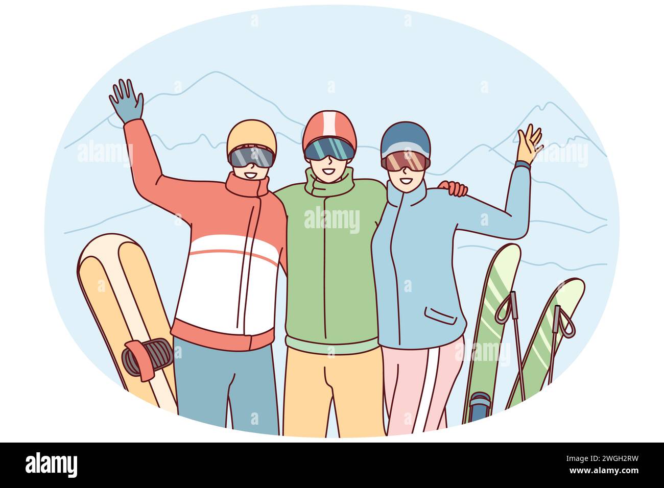 Company of friends at ski resort waving their hands posing on winter vacation. Three tourist people in ski goggles stand with snowy peaks after skiing or snowboarding. Flat vector illustration Stock Vector