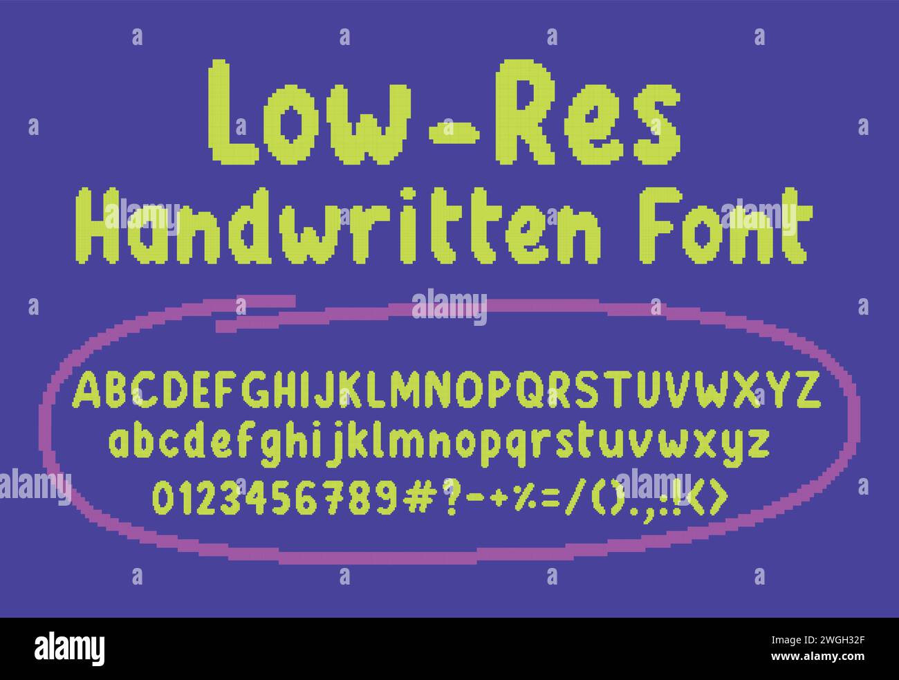 Vector Low-Res Handwritten font alphabet, numbers and symbols Stock Vector