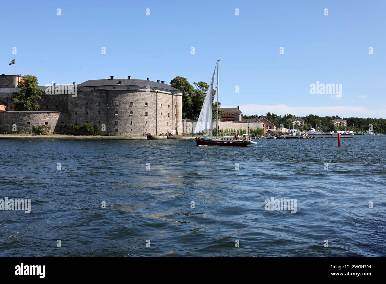 Vaxholm, Sweden - July 27, 2023: Vaxholm Fortress, also known as Vaxholm Castle, is a historic fortification on the island of Vaxholmen in the Stockho Stock Photo