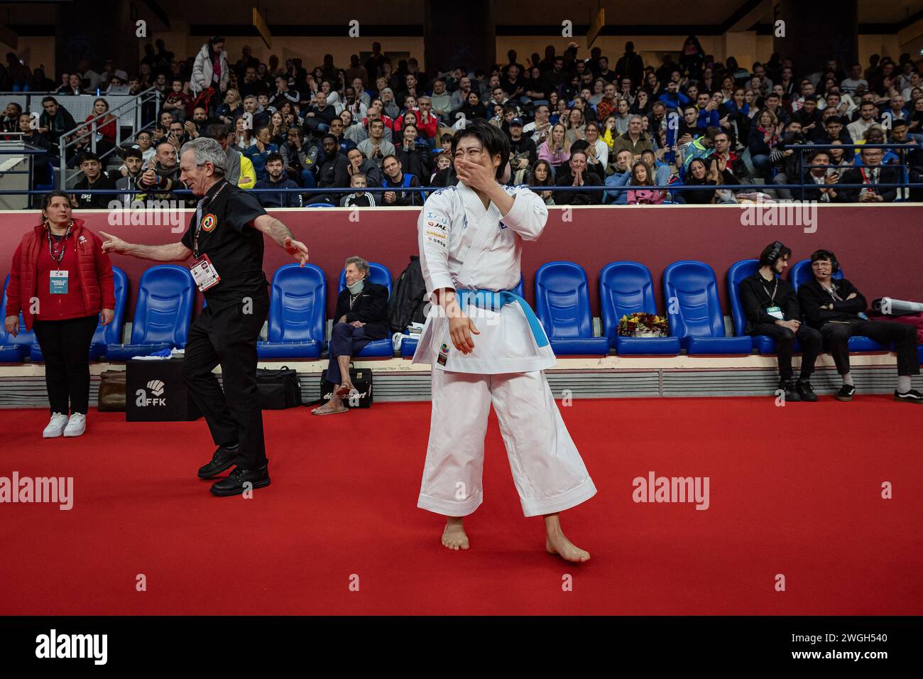 Paris, France. 28th Jan, 2024. Ono Maho from Japan reacts during the