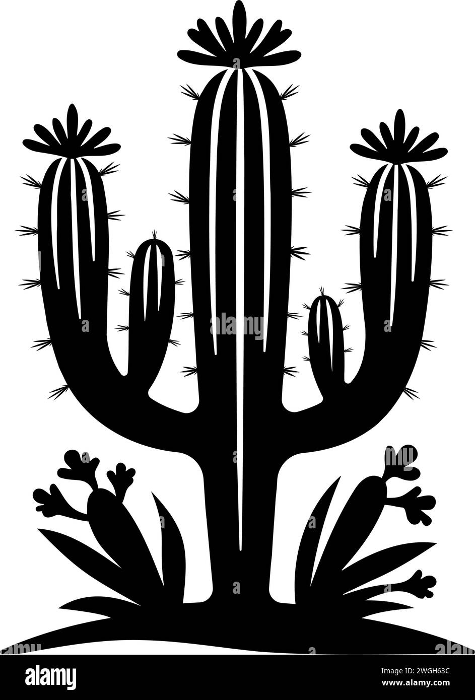 Cactus desert monochrome clip art. Flat vector illustration Stock Vector