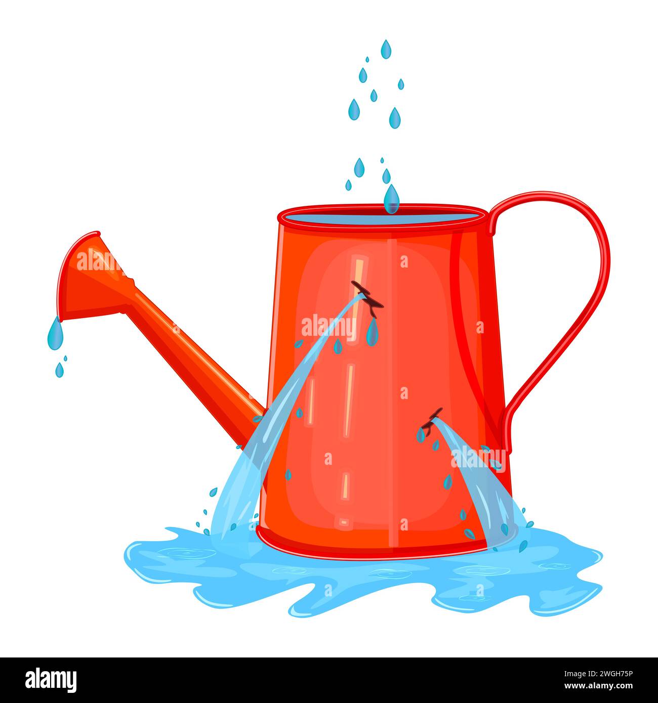 Leaking watering can.Pail with hole full water.Water leaking from broken watering pot.Useless watering can.Water is poured out of hole in watering can Stock Vector
