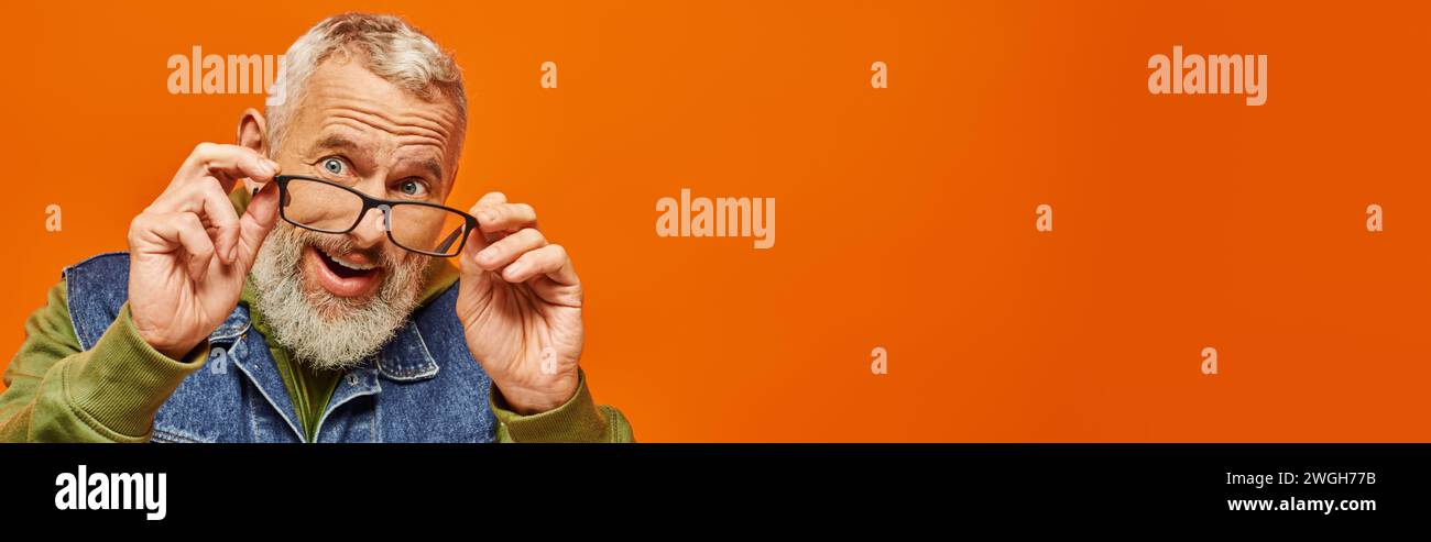 jolly gray bearded mature man in vibrant hoodie and denim vest posing ...