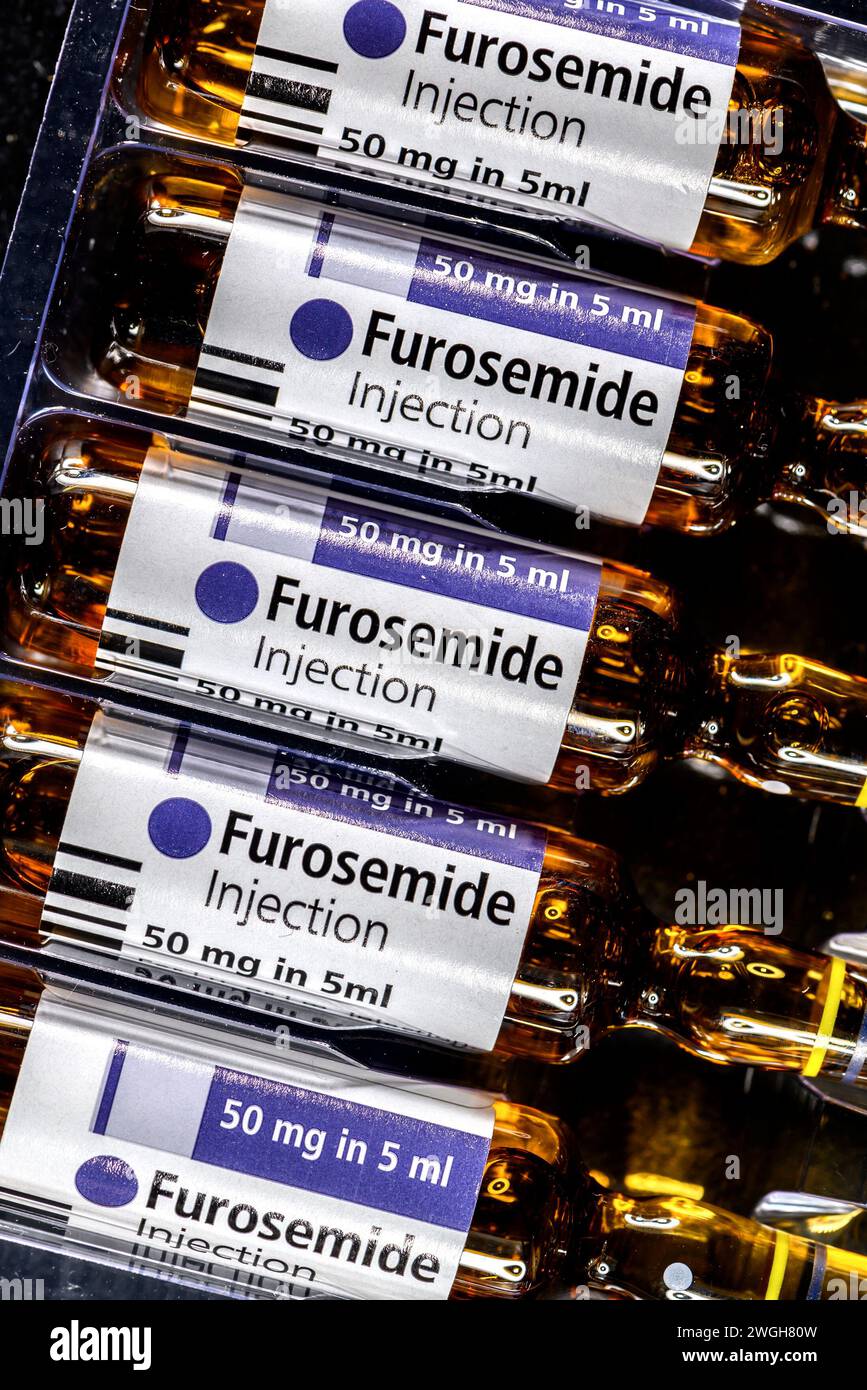 Furosomide - medicine to treat high blood pressure and oedema. 50mg phials of the liquid drug for injesction or intravenous delivery Stock Photo