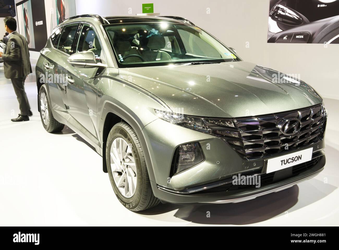New Delhi - February 1, 2024: Hyundai Tucson car is on display at Bharat Mobility Global Expo 2024 at New Delhi in India. Stock Photo