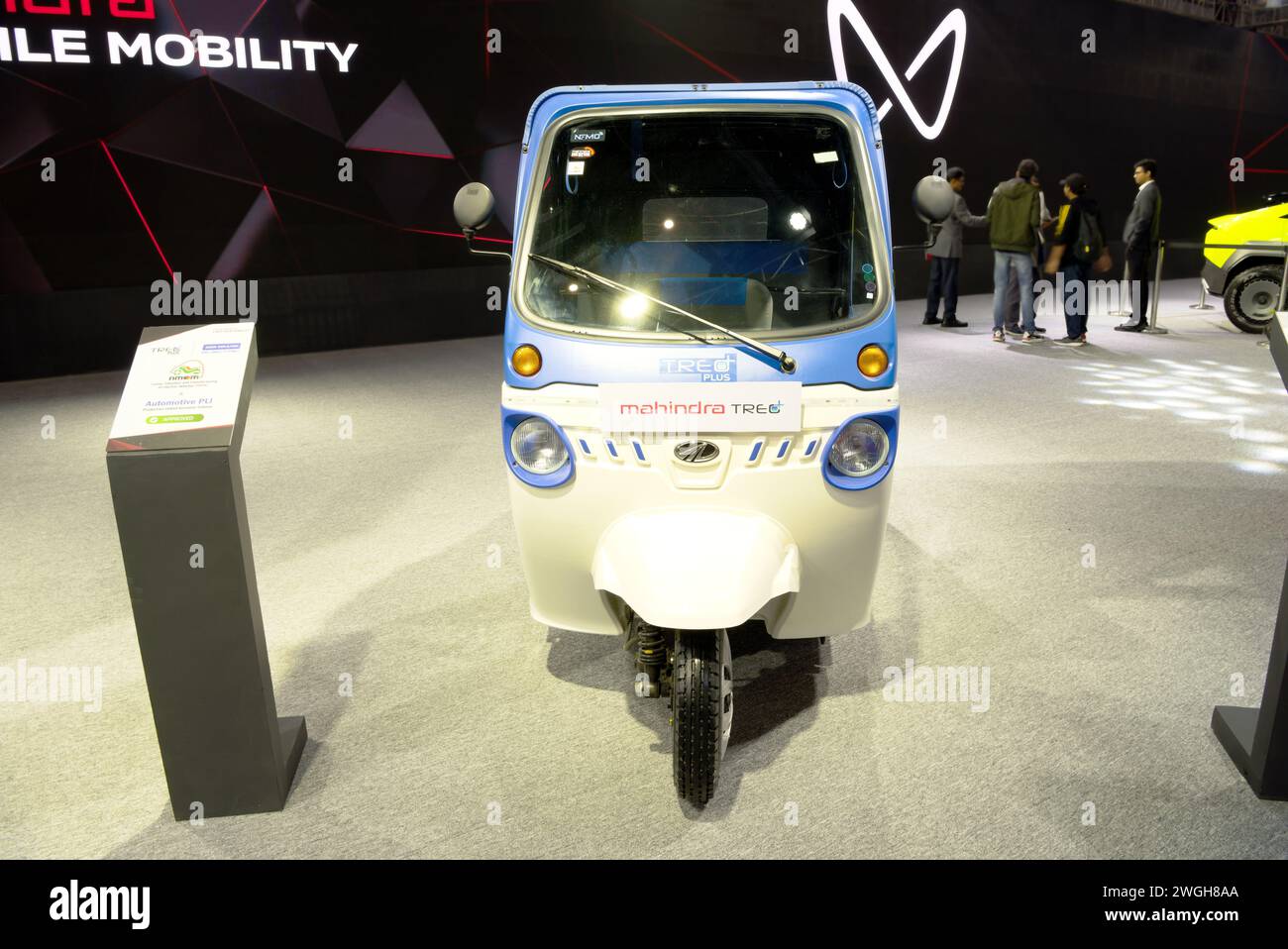 New Delhi - February 1, 2024: Mahindra Treo Plus three-wheeler electric auto is on display at Bharat Mobility Global Expo 2024 at New Delhi in India. Stock Photo