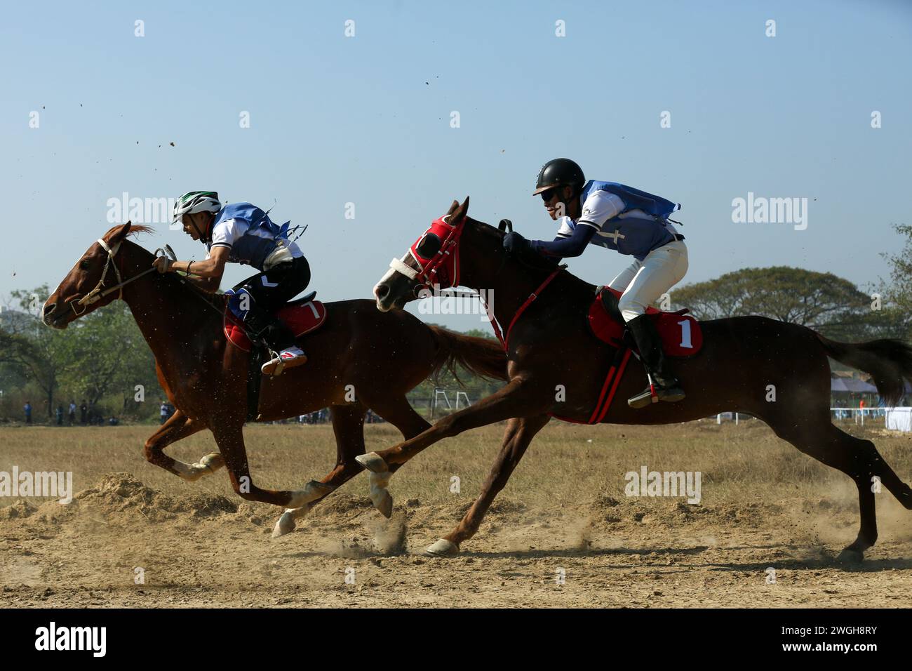 (240205) -- YANGON, Feb. 5, 2024 (Xinhua) -- Jockeys compete during a horse racing competition in Yangon, Myanmar, Feb. 5, 2024. (Photo by Myo Kyaw Soe/Xinhua) Stock Photo