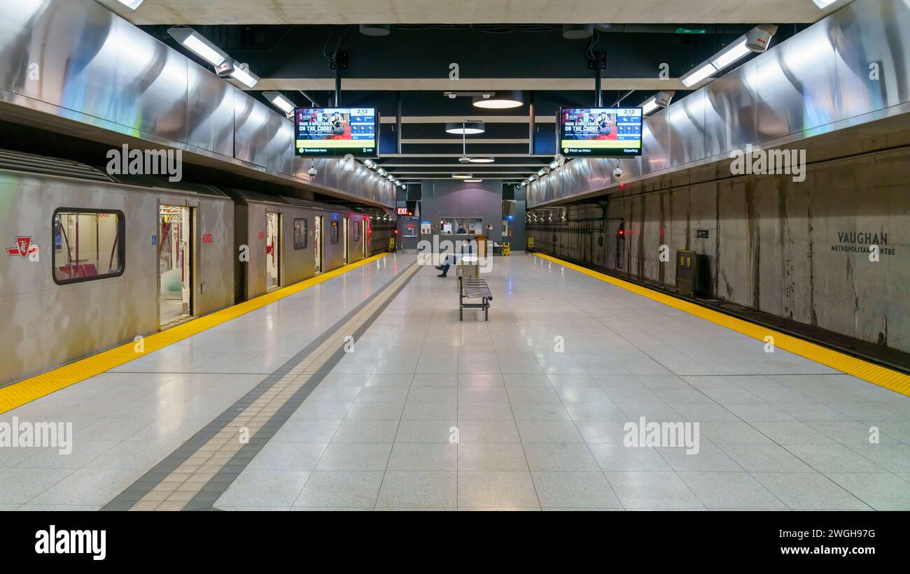 Symmetry of platform in subway station named Vaughan Metropolitan Centre. New TTC station in Line 1. Stock Photo