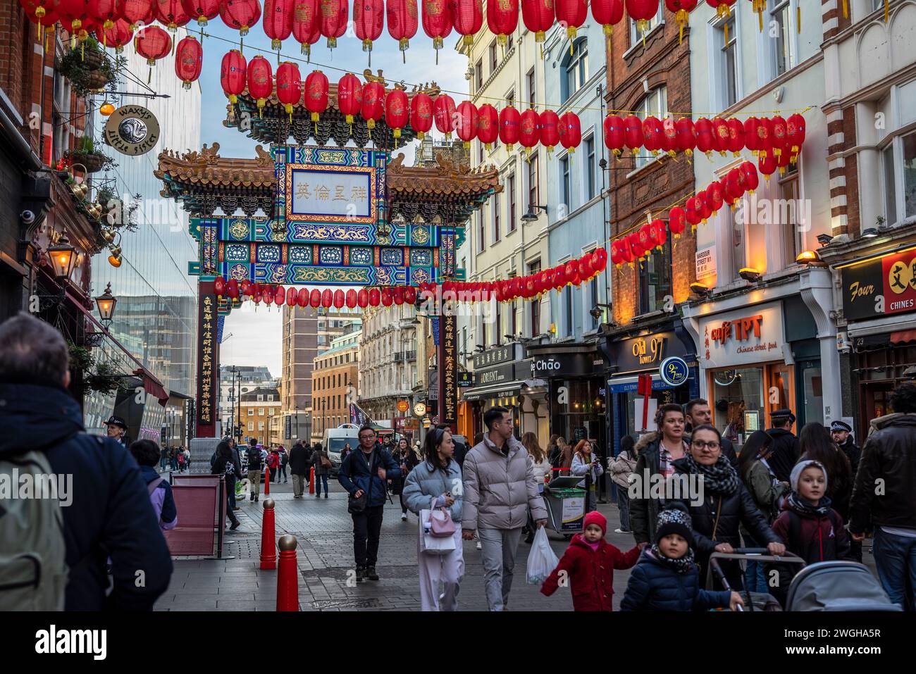 Chinatown decorated with traditional red lanterns, London, England, UK Stock Photo