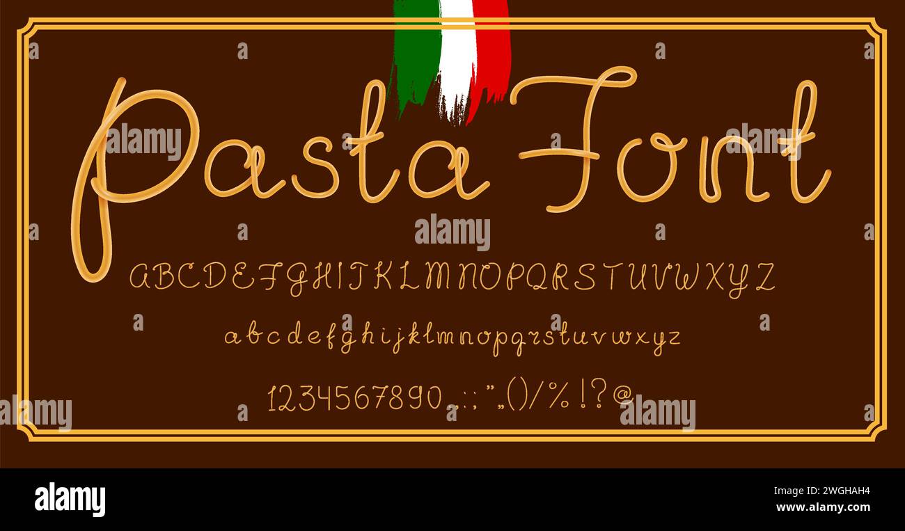 Italian pasta font or type, realistic spaghetti typeface. English
