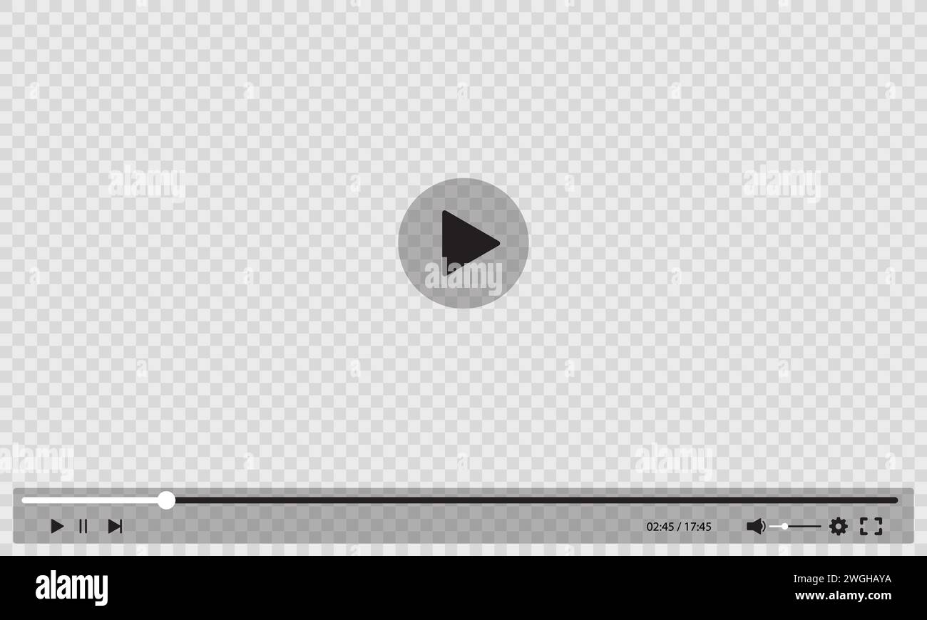 Video player transparent interface background with play buttons, vector template. Digital web video player window with screen frame with menu control bars and media player transparent layout Stock Vector