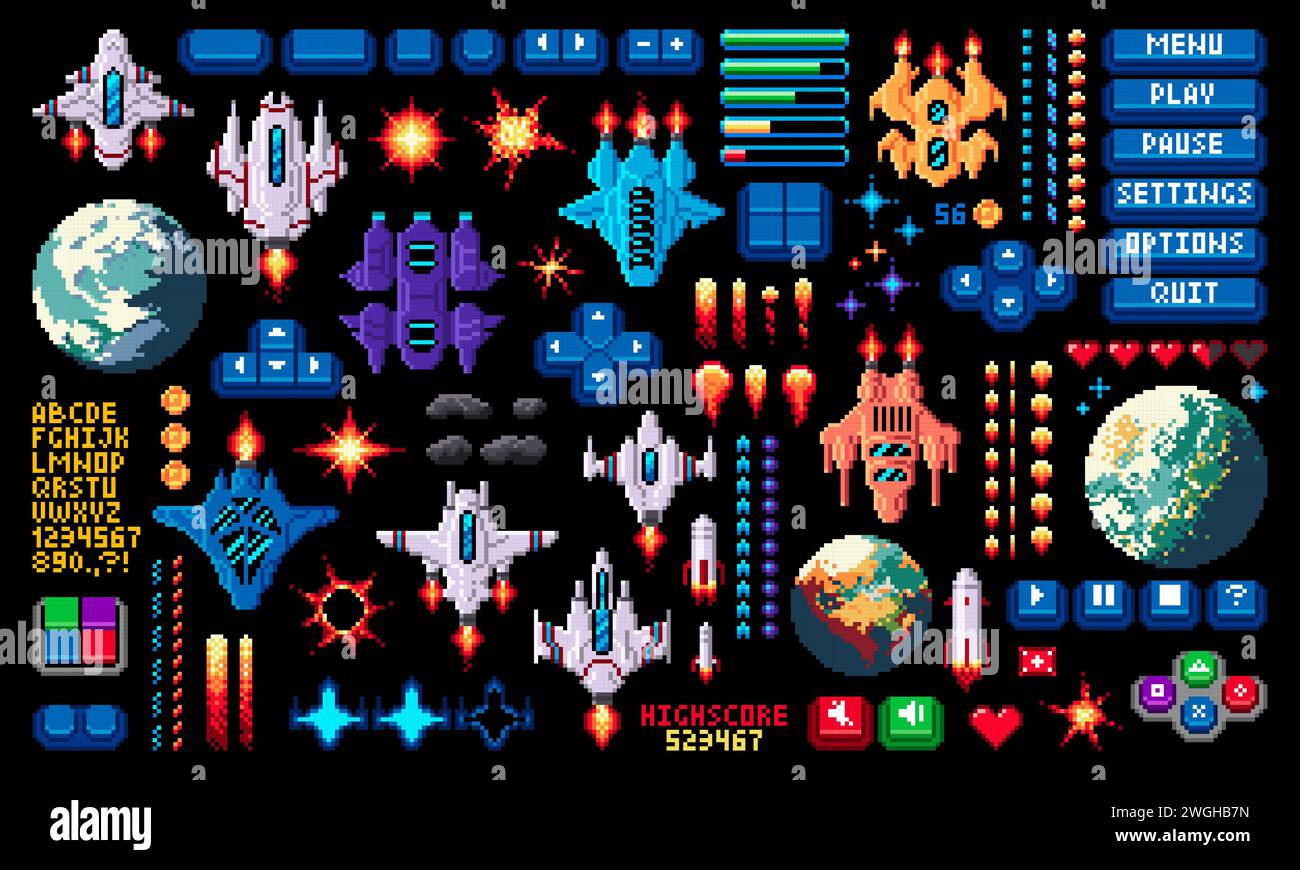 8bit arcade space pixel game asset, invaders and asteroids, planets and spaceship, alien and stars, fire and explosion vector set in pixelated retro style. Menu panel buttons, 2d videogame icons Stock Vector