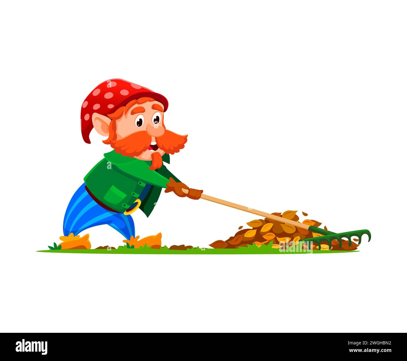 Cartoon gnome or dwarf gardener character with a pointy hat diligently