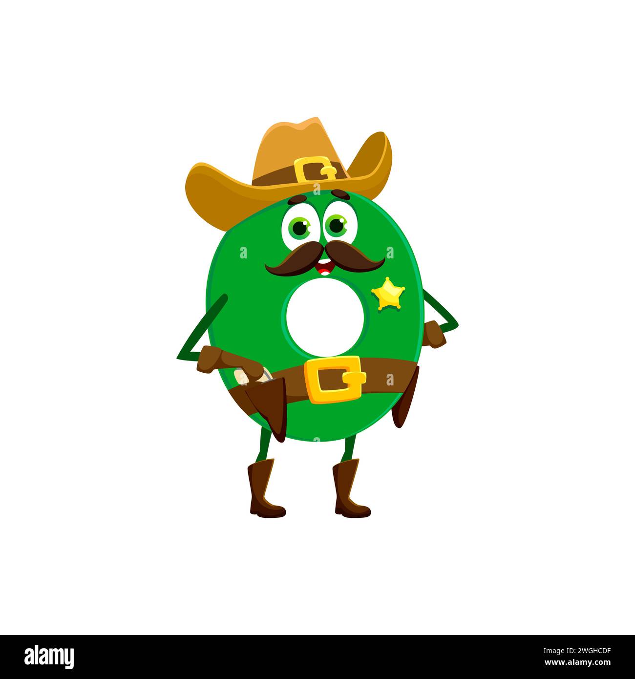 Cartoon cowboy, sheriff math number zero character. Isolated vector 0 personage adorned in ten-gallon hat, brandishing six-shooters, ready to solve equations in the wild west of arithmetic adventures Stock Vector