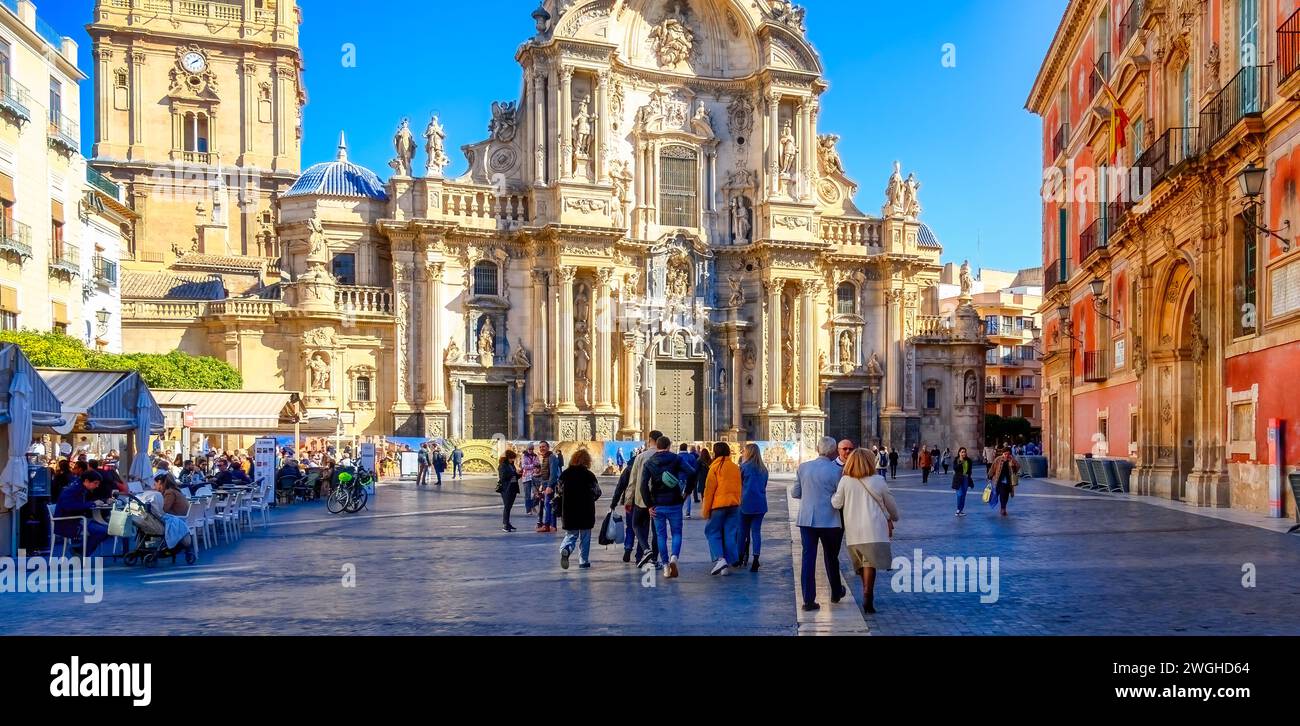 Tourists in the cathedral square in Murcia, Spain, 2023. Stock Photo