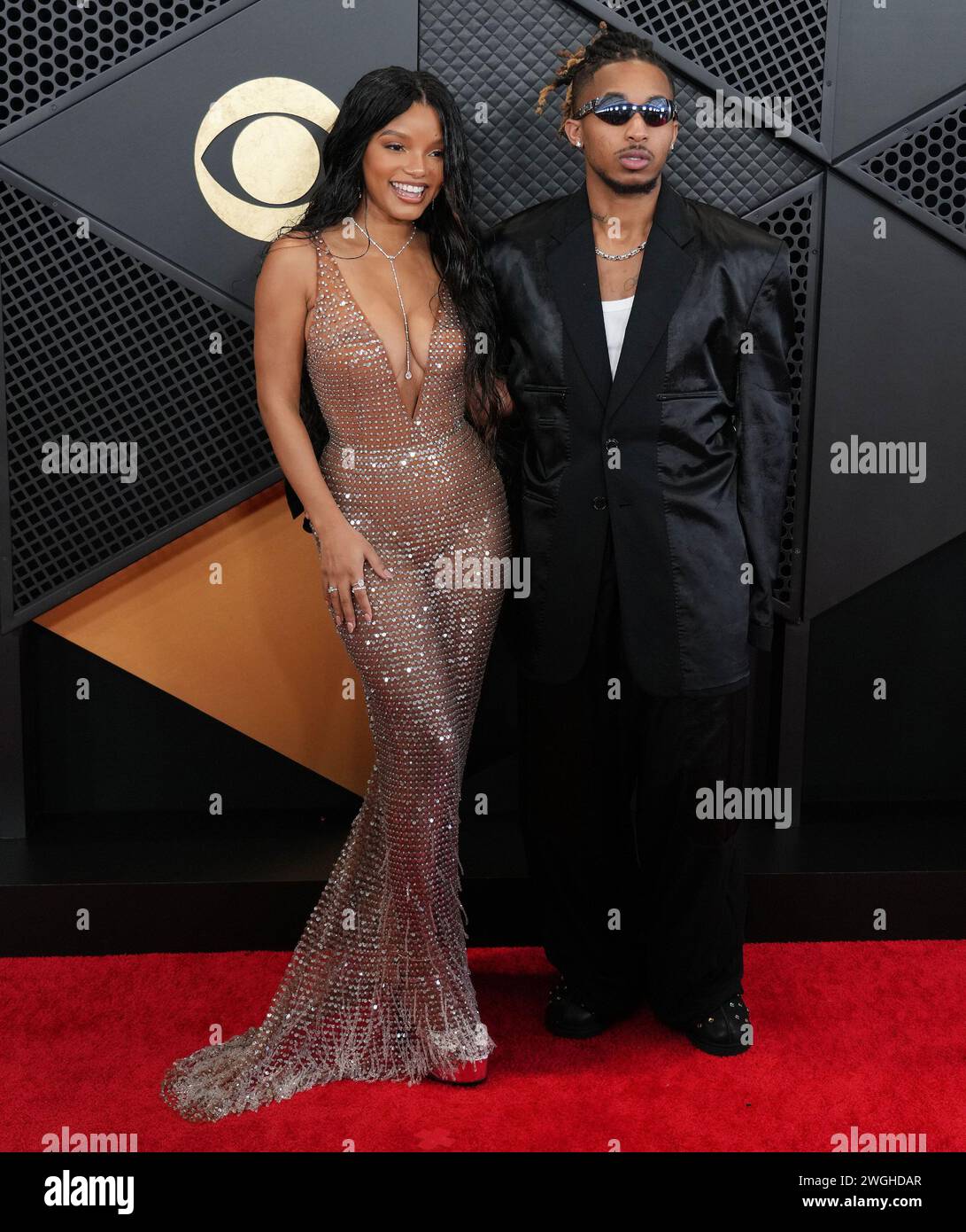 Los Angeles, USA. 04th Feb, 2024. (L-R) Halle Bailey and Darryl Dwayne “DDG” Grandberry Jr. arrives at the 66th Annual Grammy Awards held at the Crypto.com Arena in Los Angeles, CA on Sunday, ?February 4, 2024. (Photo By Sthanlee B. Mirador/Sipa USA) Credit: Sipa USA/Alamy Live News Stock Photo