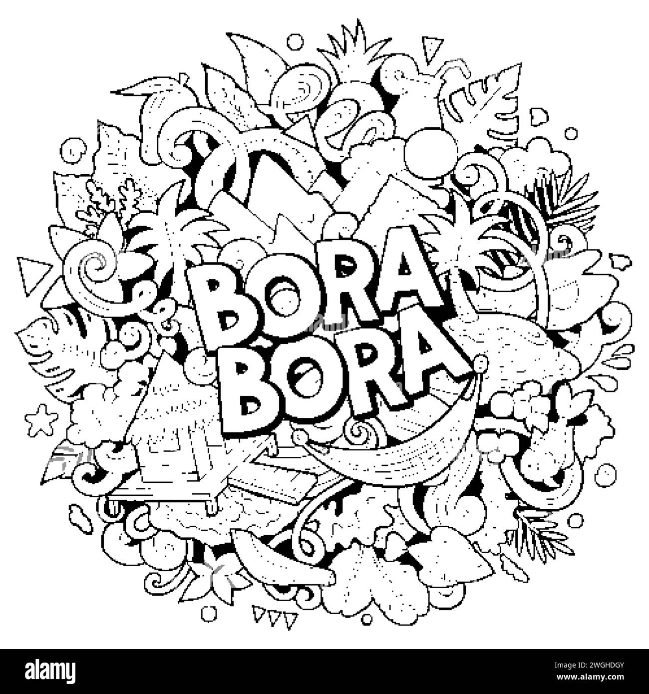 Bora-Bora hand drawn cartoon doodle illustration. Creative funny vector background. Handwritten text with elements and objects. Line art composition Stock Vector