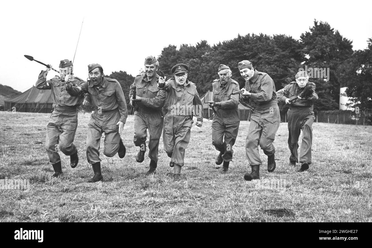Undated file photo of the cast of Dad's Army (left to right) Clive Dunn, James Beck, John Le Mesurier, Arthur Lowe, John Laurie, Ian Lavender and Arnold Ridley. Ian Lavender, best known for playing Private Pike in classic BBC comedy Dad's Army, has died at the age of 77, his agent said. Issue date: Monday February 5, 2024. Stock Photo