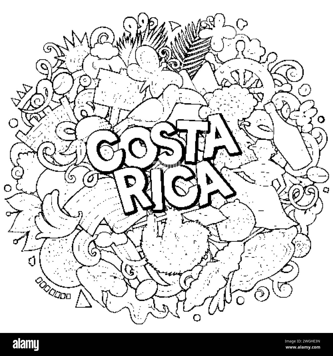 Vector funny doodle illustration with Costa Rica theme. Vibrant and eye-catching design, capturing the essence of Central America culture and traditio Stock Vector