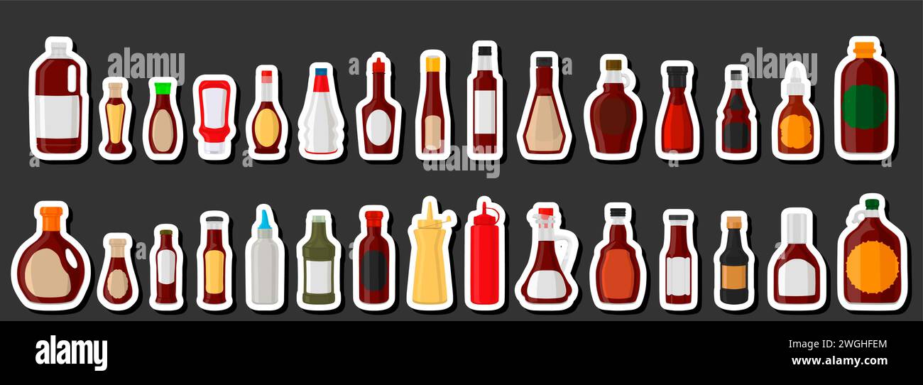 Illustration on theme kit varied glass bottles filled liquid sauce barbecue, bottles consisting from sauce barbecue, empty labels for titles, sauce ba Stock Vector