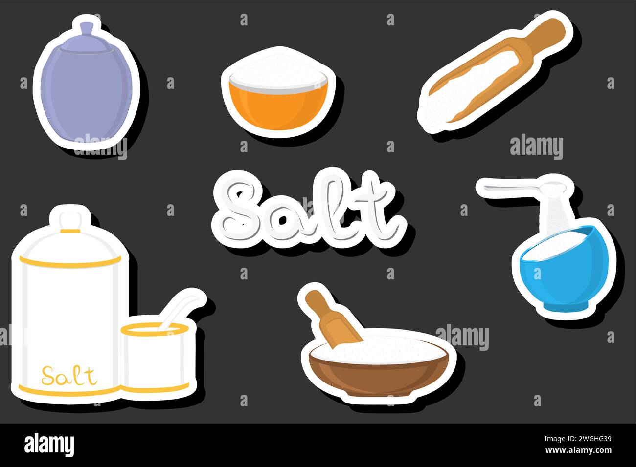 Illustration on theme big set different types ware filled salt for organic cooking, salt in shaker for restaurant menu Stock Vector