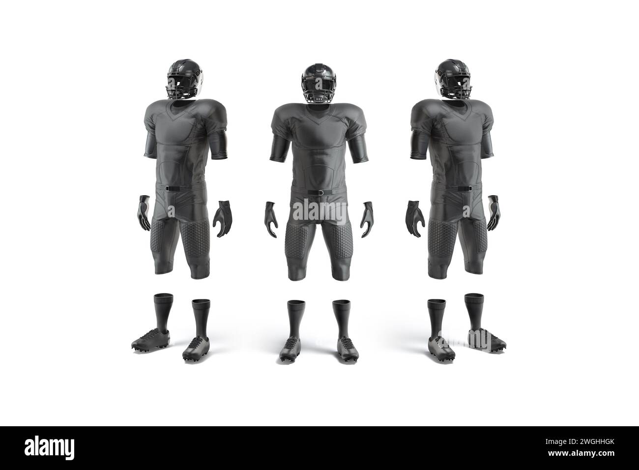 Blank black american football uniform mockup, front and side view, 3d rendering. Empty sports armour kit for footballer player mock up, isolated. Clea Stock Photo