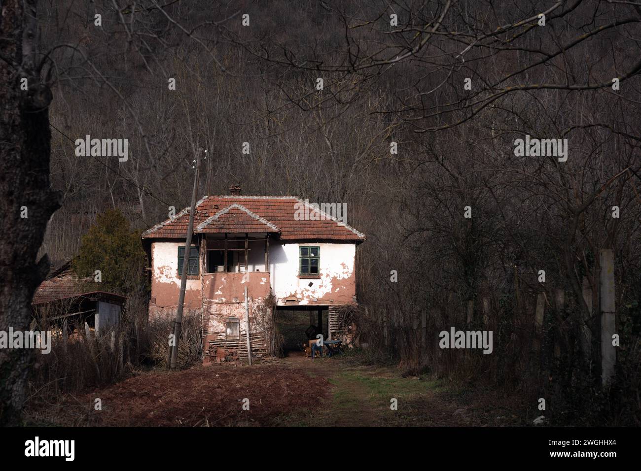 Old dilapidated houses in an abandoned mountain Serbian village in southeastern Serbia, on the slopes of Suva Planina mountain. Stock Photo