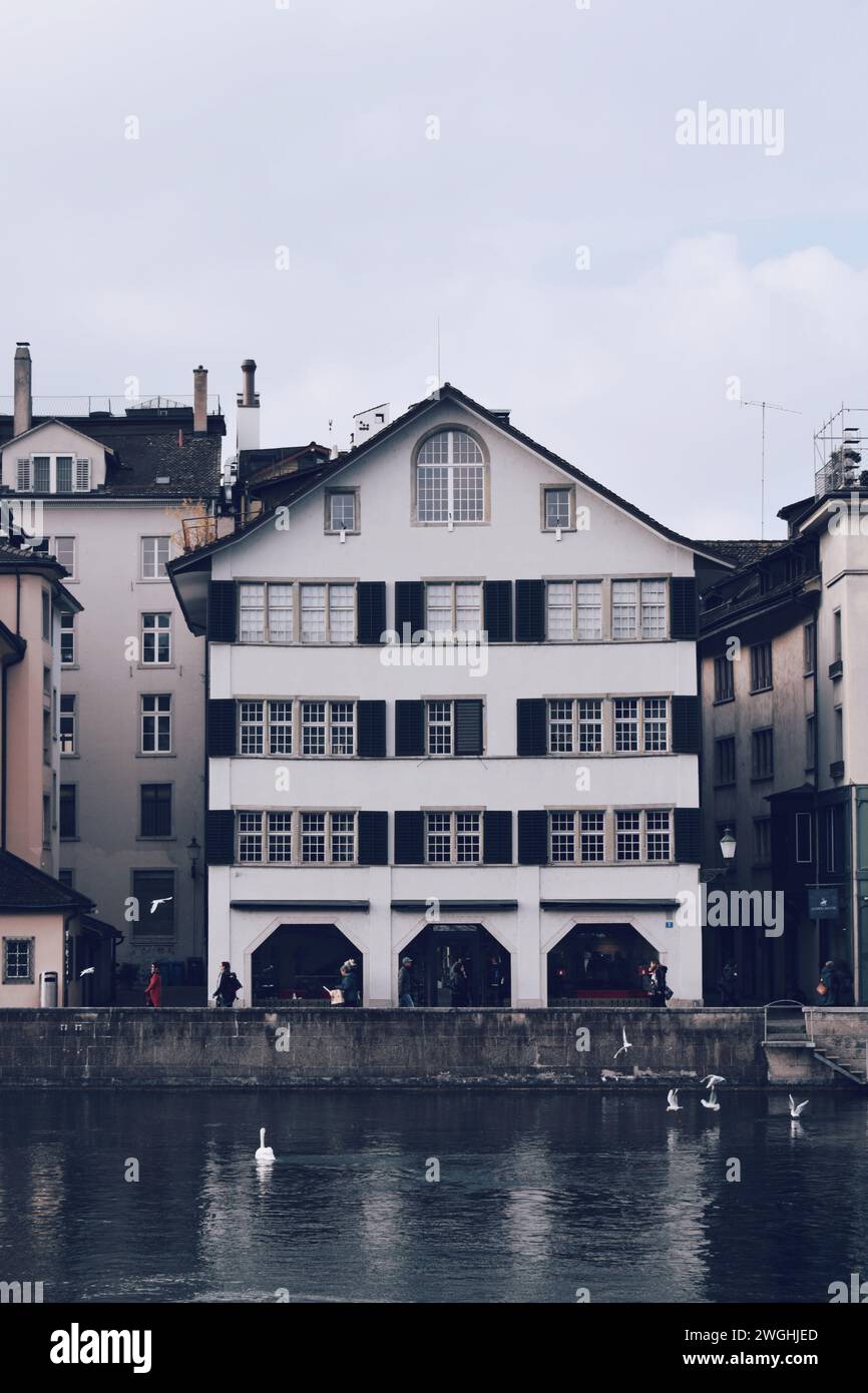 old house on the banks of the river in the city of Zurich in Switzerland on November 19, 2019 Stock Photo